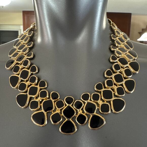 19" Gold Tone, Black Enamel Statement Choker Necklace 1 1/2" Wide Sturdy Clasp - Picture 1 of 3